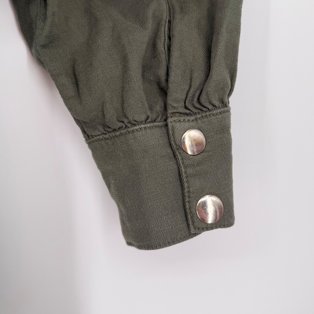 The Kooples Jeans Utility Jumpsuit Olive Green Linen Blend Belted Snap Front 2 M - Picture 8 of 16